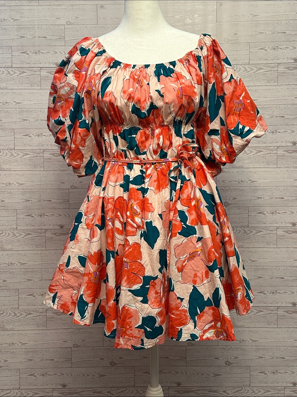 &merci Floral Puff Sleeve Mini Dress L Coral Teal Boho Cottagecore